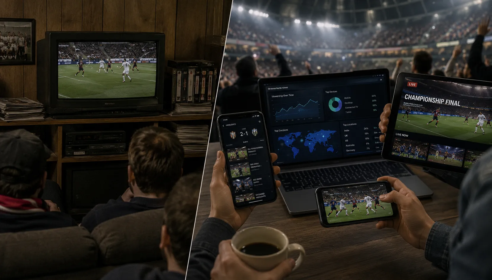 Split image: fans watching football on an old CRT television, and a fan following a match live across a phone, tablet and laptop