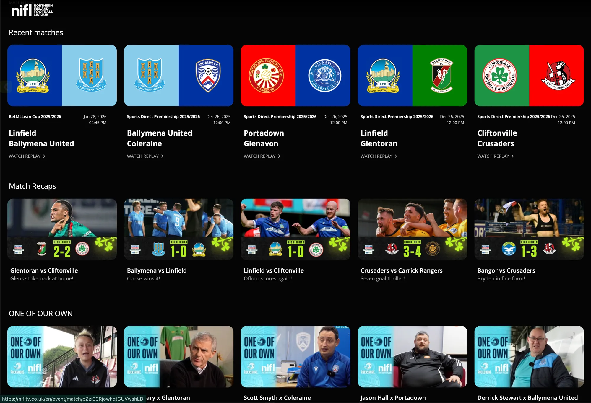 The NIFL TV homepage, with rows of recent match replays, match recaps and the One of Our Own series