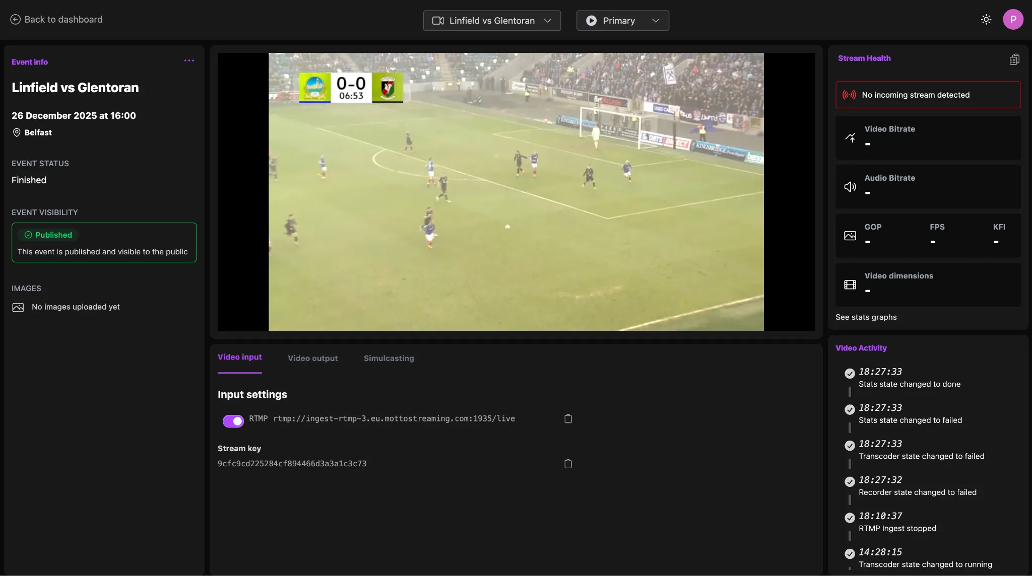 The Motto stream dashboard for Linfield vs Glentoran, showing the match feed, input settings and stream health