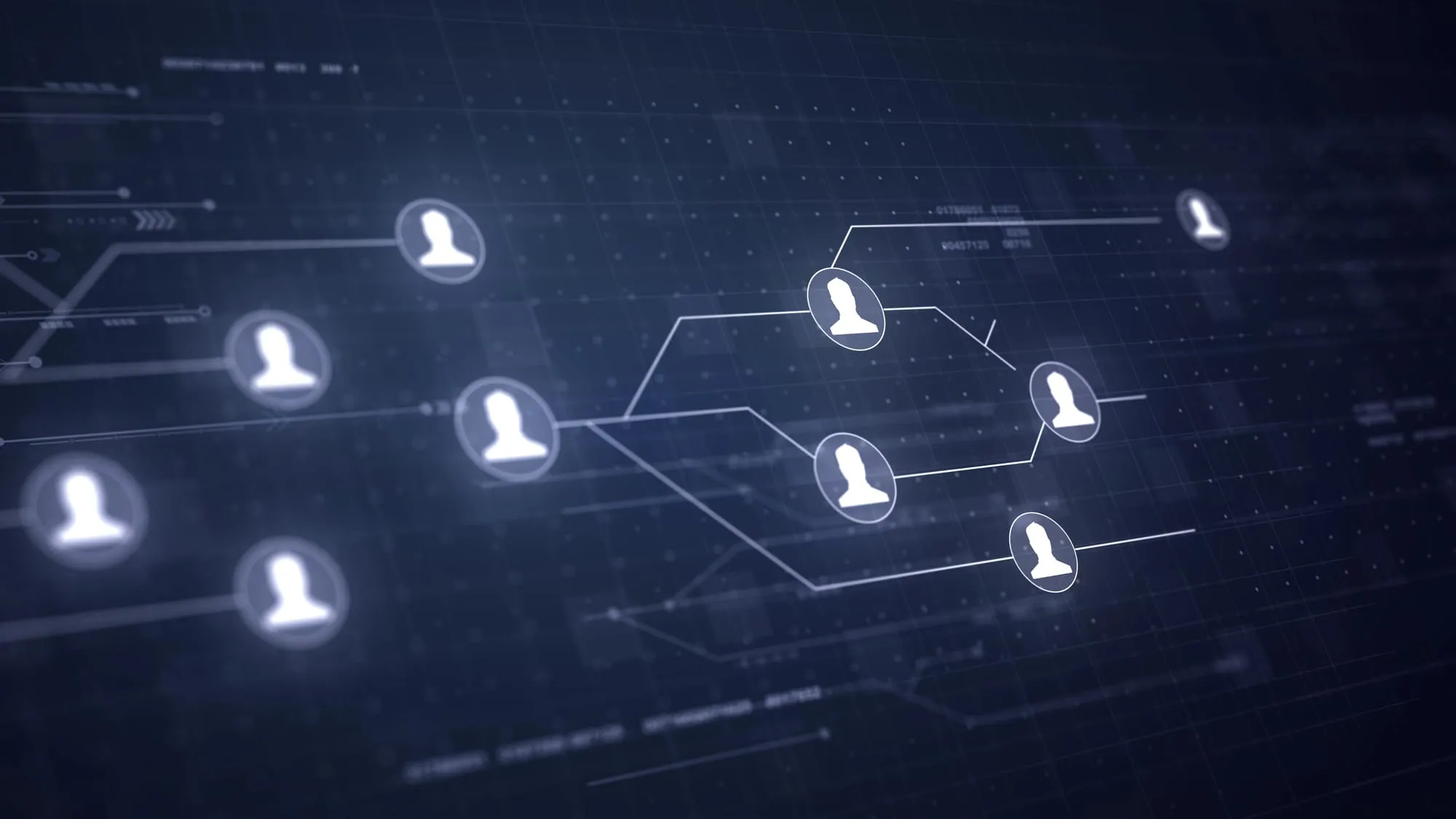 Abstract network of connected user icons over a dark circuit-board background